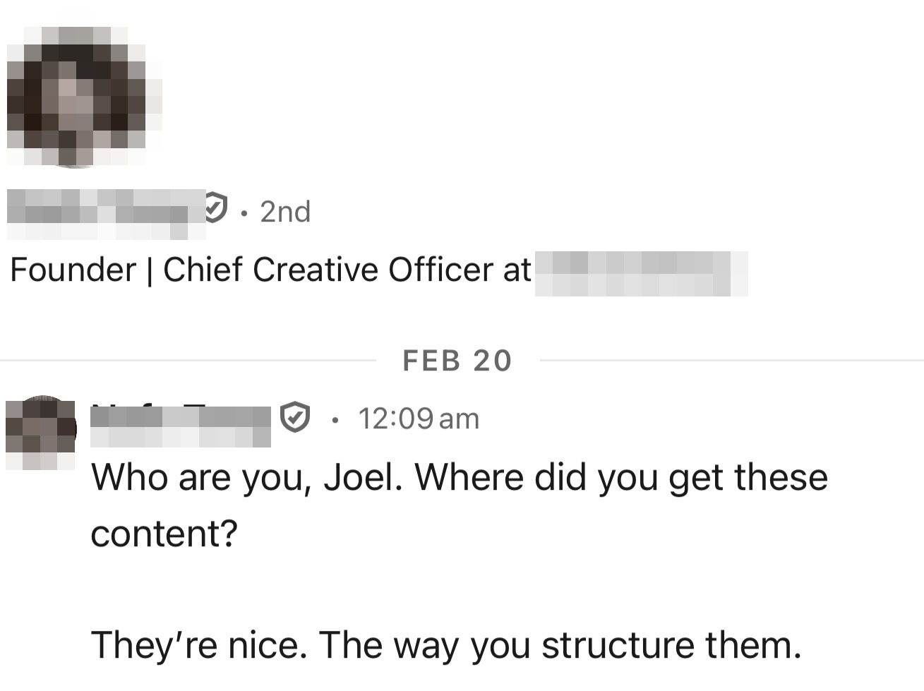 DM: creative-agency founder impressed by the posts