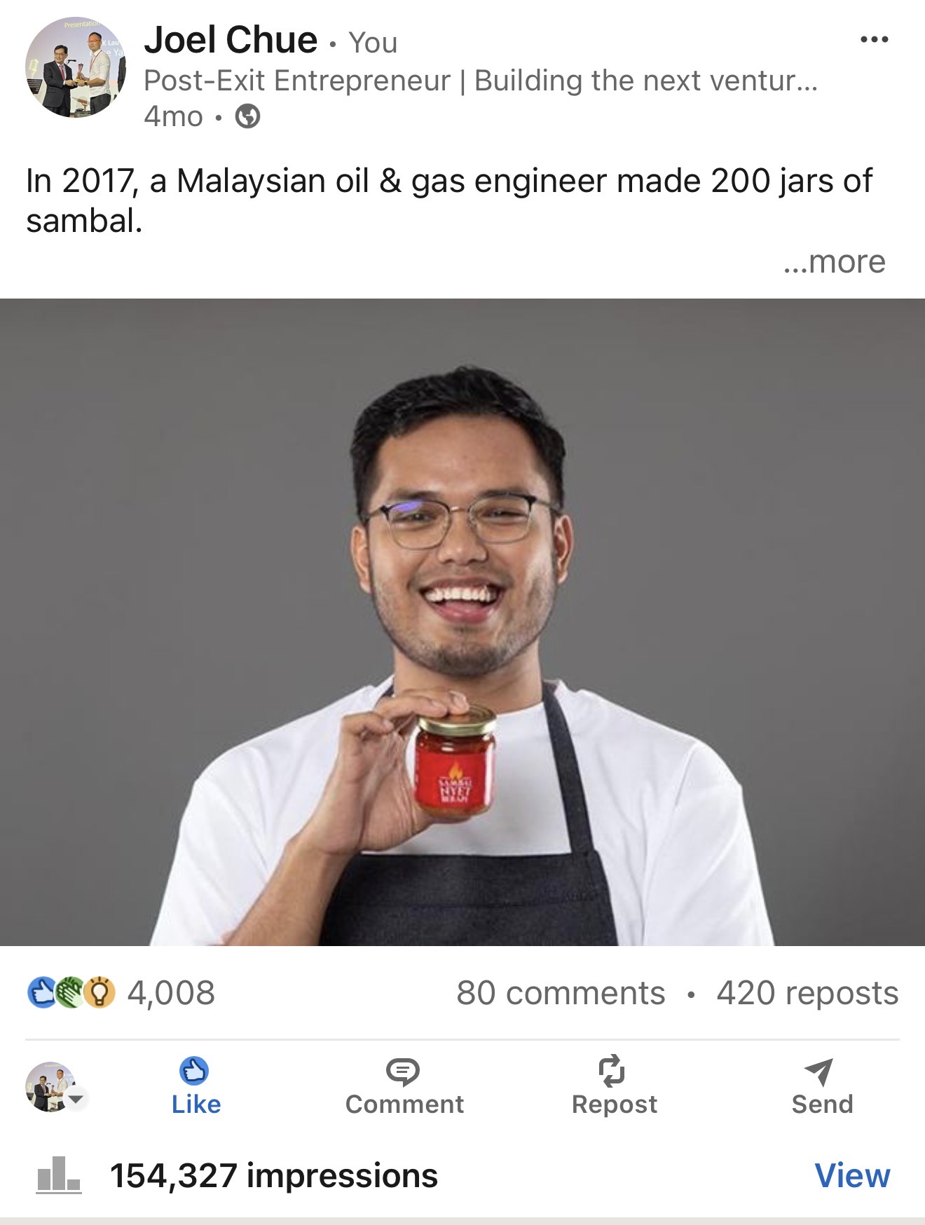 Viral LinkedIn post — 4,008 reactions, 154,327 impressions