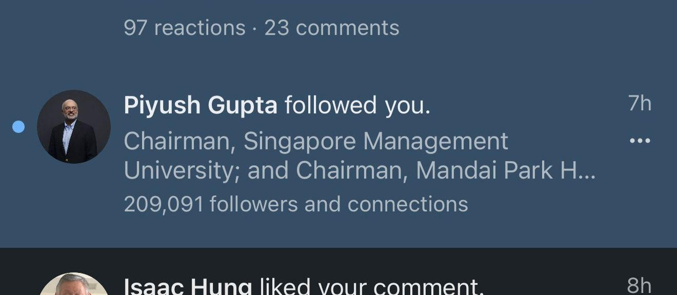 Piyush Gupta — former CEO of DBS Bank and Chairman of SMU — followed Joel after the posts